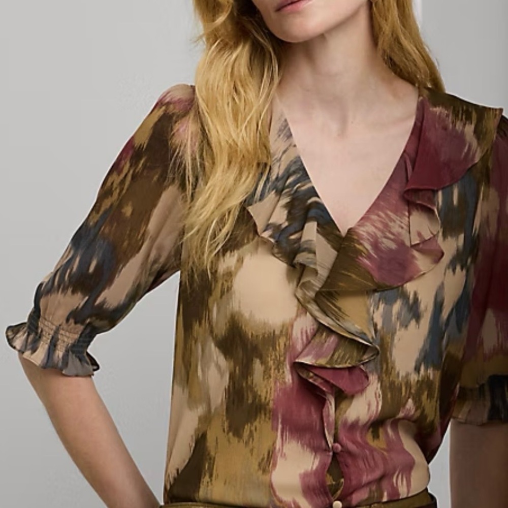 NWT Women Lauren RALPH LAUREN Abstract Georgette Ruffle-Trim light Blouse Spring